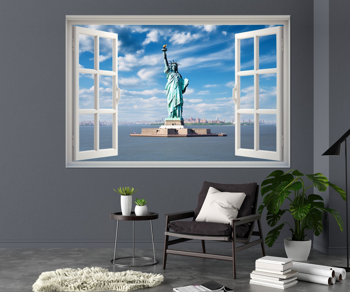 Statue Of Liberty New York Harbor Open Window Blue Sky View Poster - Image 2