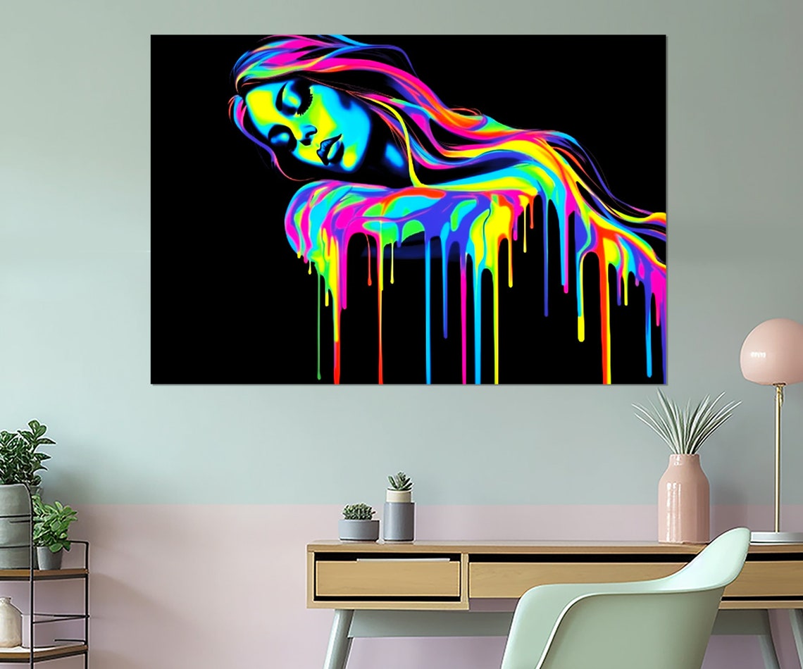 Neon Rainbow Woman Dripping Paint Colors Black Background Pop Art