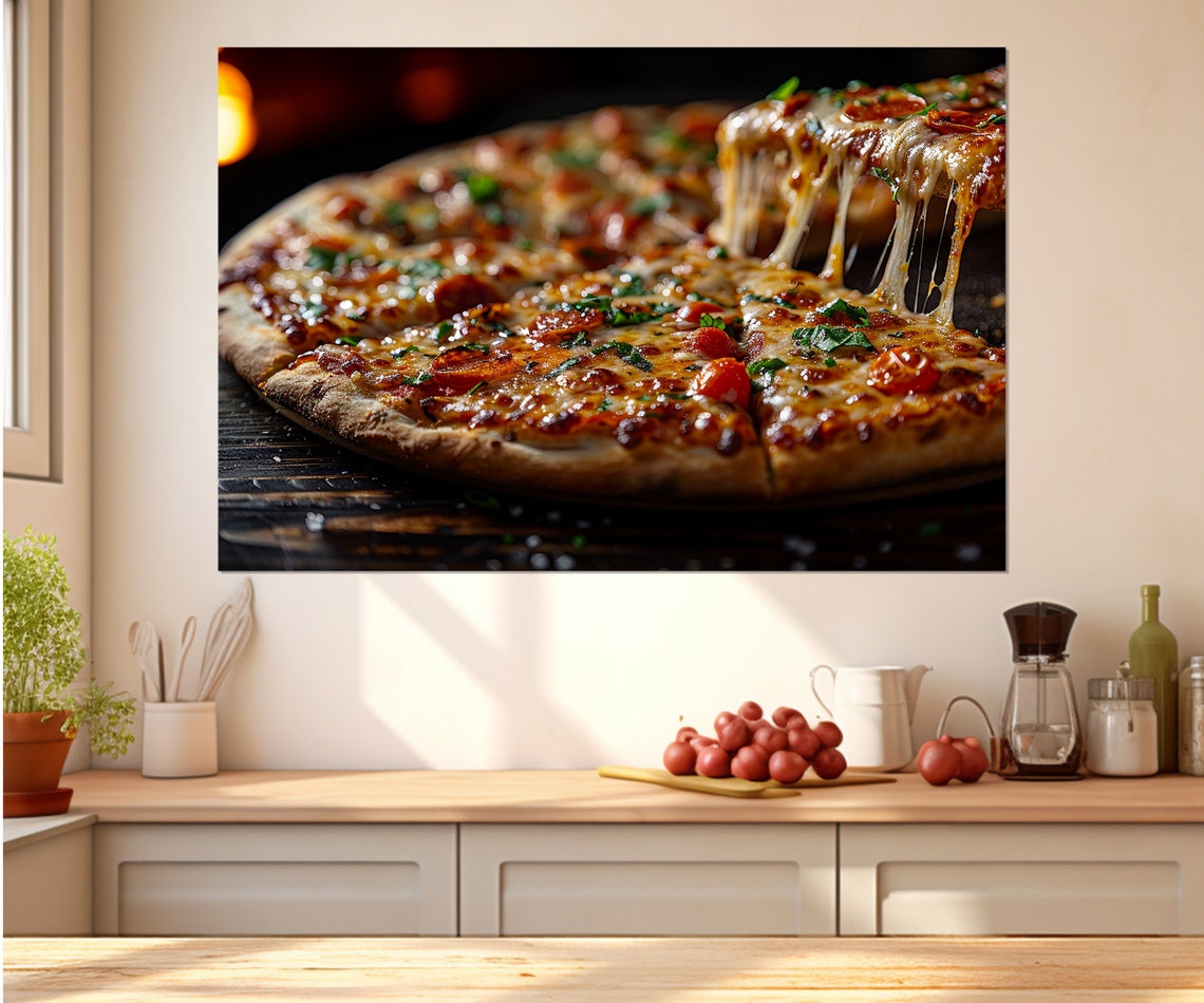 Pepperoni Pizza Cheese Pull Close Up Restaurant Kitchen Art Poster