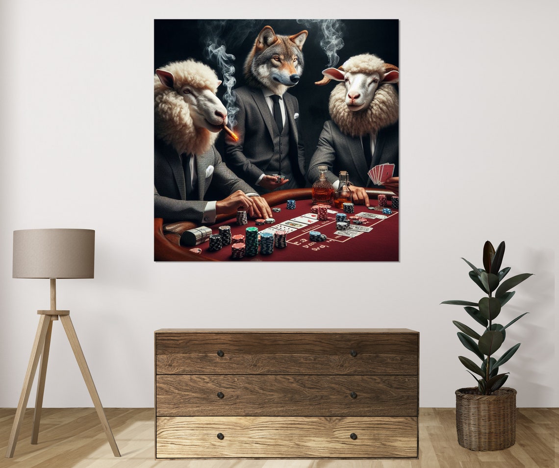 Wolf in Suit Playing Poker With Sheep Cigar Whiskey Game Room Poster - Image 4
