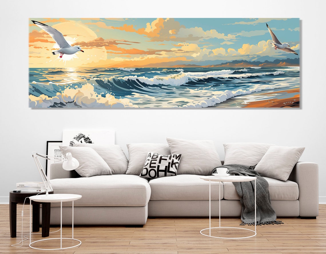Seagulls Over Ocean Waves Sunset Beach Retro Illustration Poster