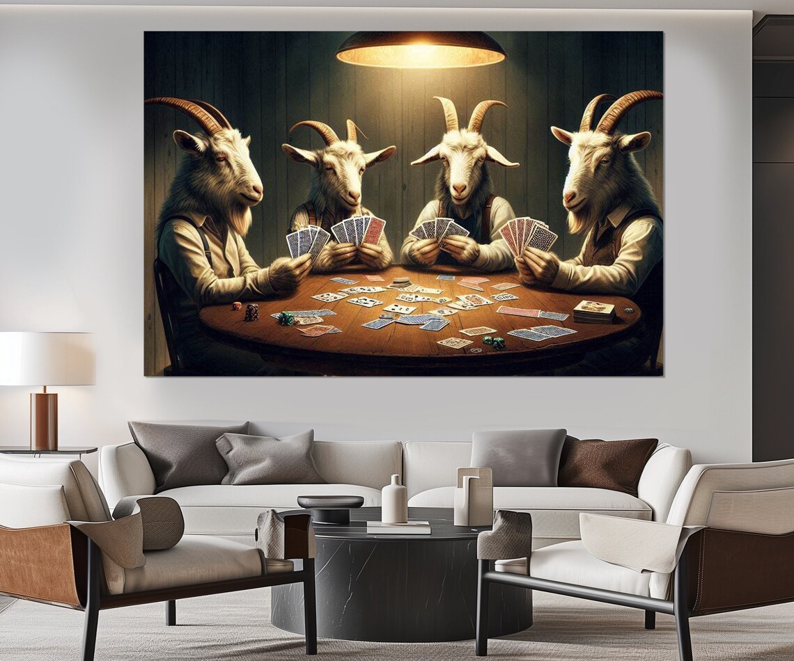 Goats Playing Cards Art Print, Funny Poker Decor