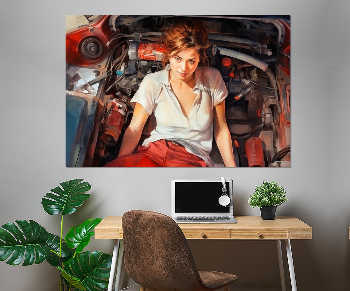 Retro Mechanic Woman Car Engine Bay Vintage Workshop Painting Poster - Image 4