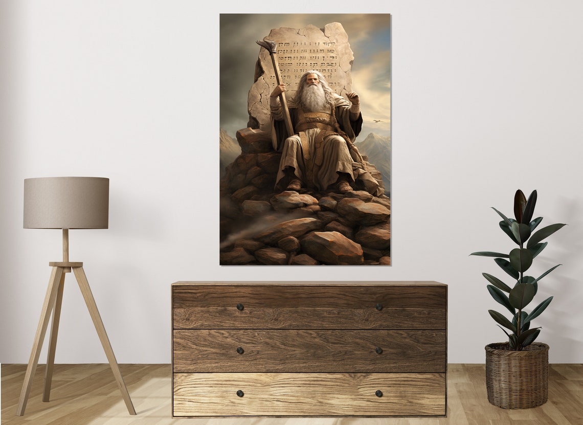 Moses with Staff Stone Tablets Mountaintop Biblical Scene Art Poster