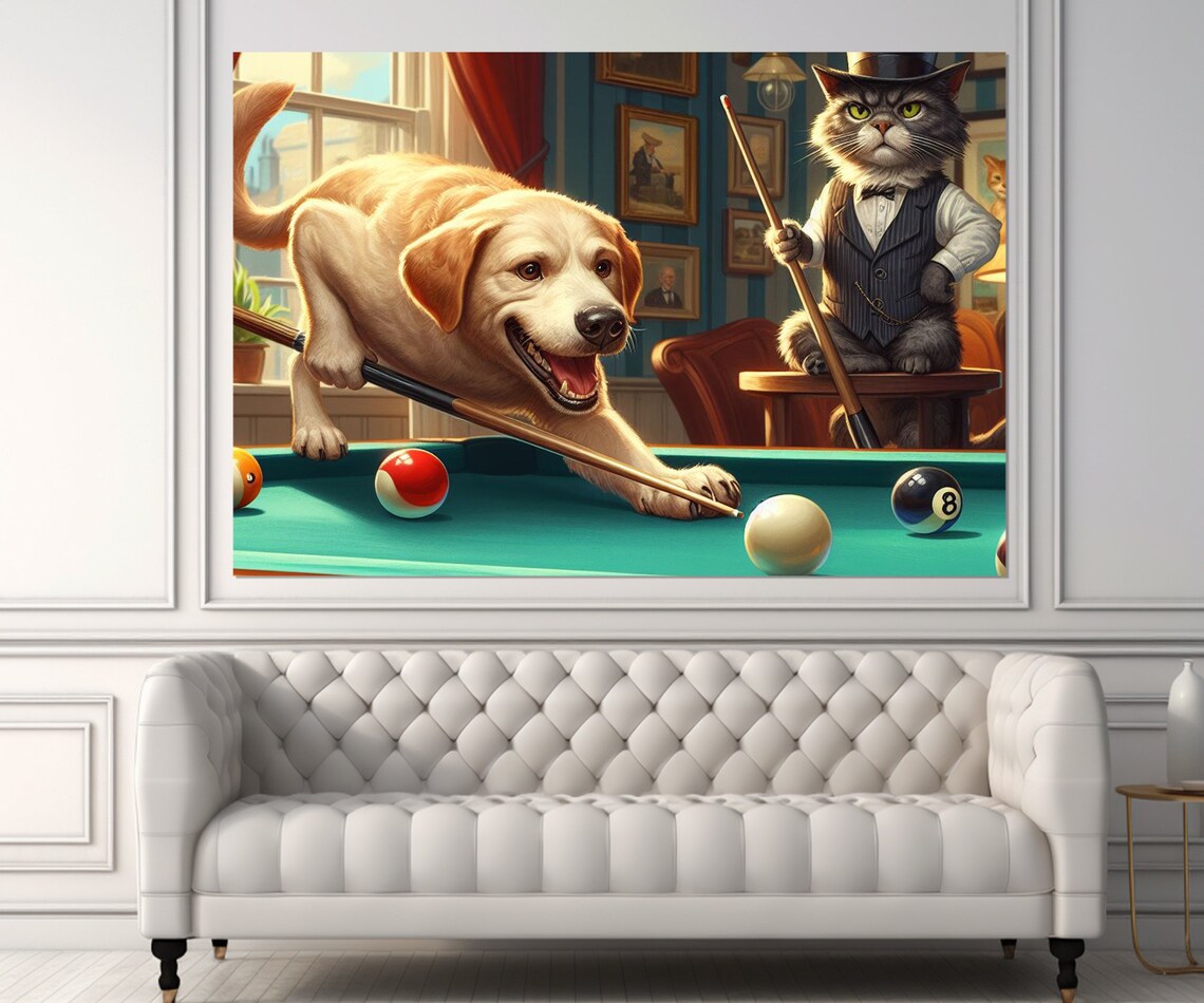 Dog And Cat Playing Billiards Pool Table Funny Animal Game Room Wall Art Print