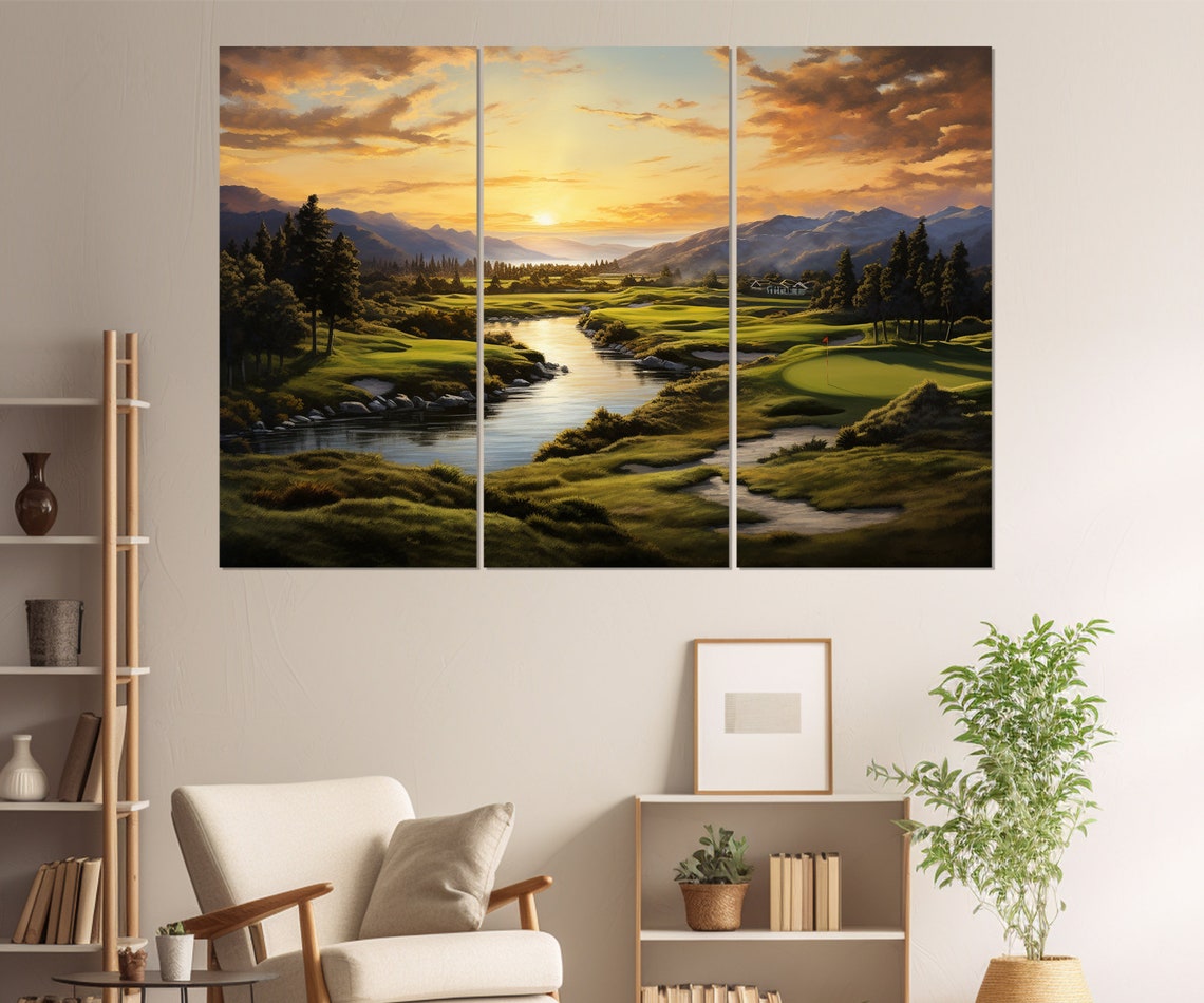 Golf Course Sunrise River Valley Mountain Scenic Landscape Poster - Image 2