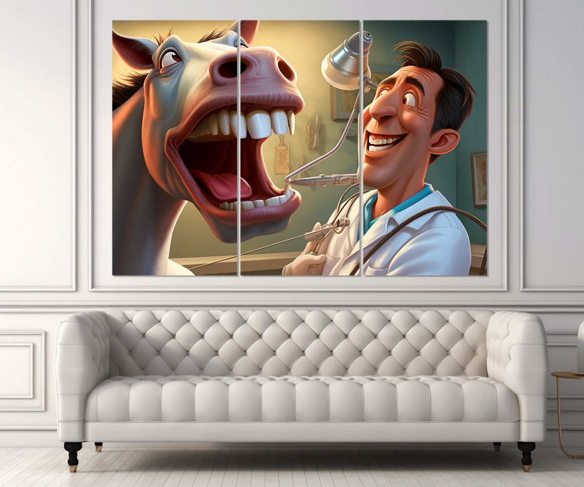 Funny Dentist Examining Horse Teeth Cartoon Dental Office Art Poster - Image 3