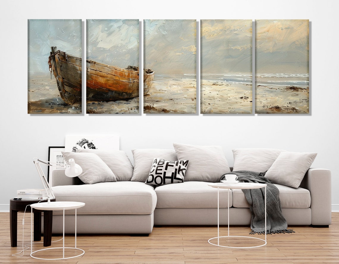 Weathered Old Boat On Pale Beach Soft Neutral Seascape Print - Image 2