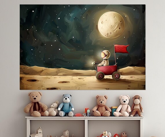 Cute Astronaut Kid Riding Red Wagon on Moon Nursery Space Art Poster