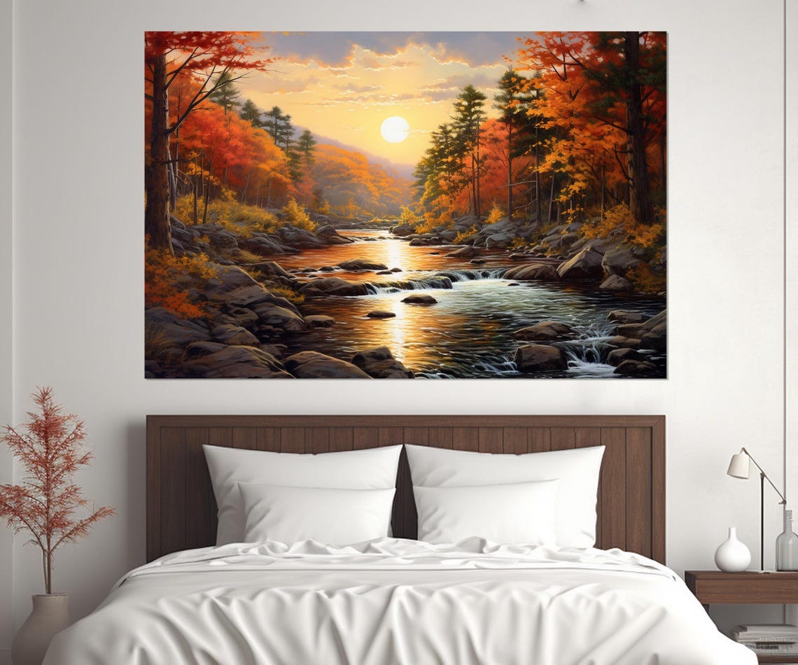 Autumn Forest River Sunrise Golden Fall Foliage Landscape Poster - Image 2