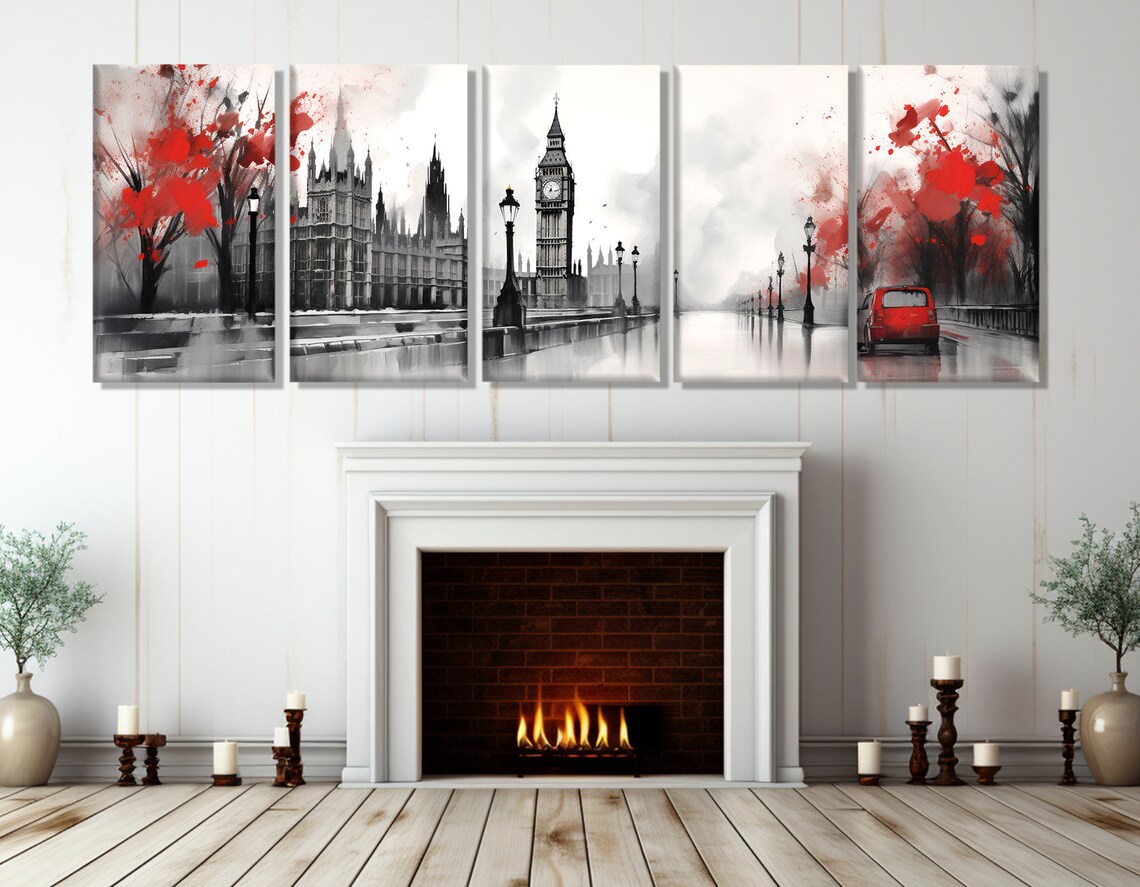 London Big Ben Houses of Parliament Red Accent Panoramic Travel Poster - Image 2