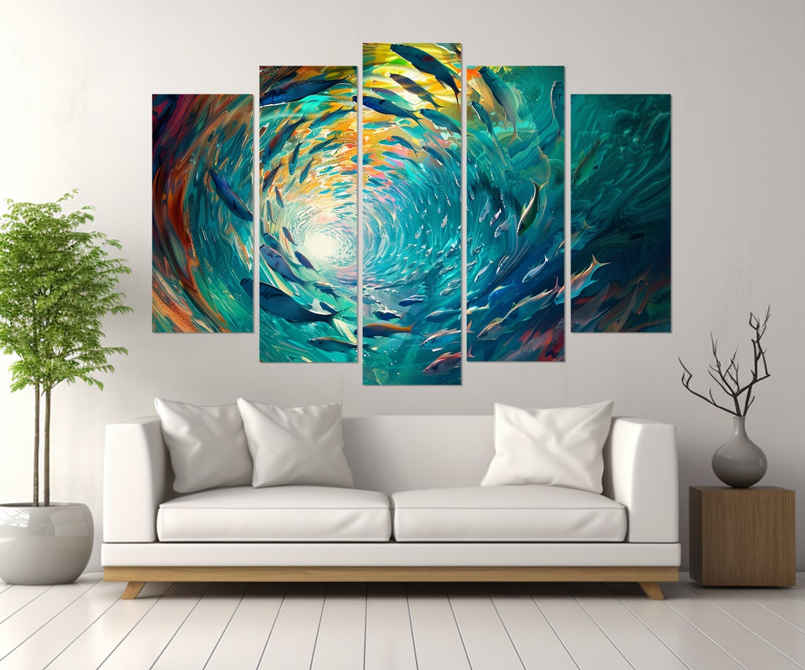 School Of Fish Swirling Ocean Vortex Turquoise Abstract Painting Print - Image 2