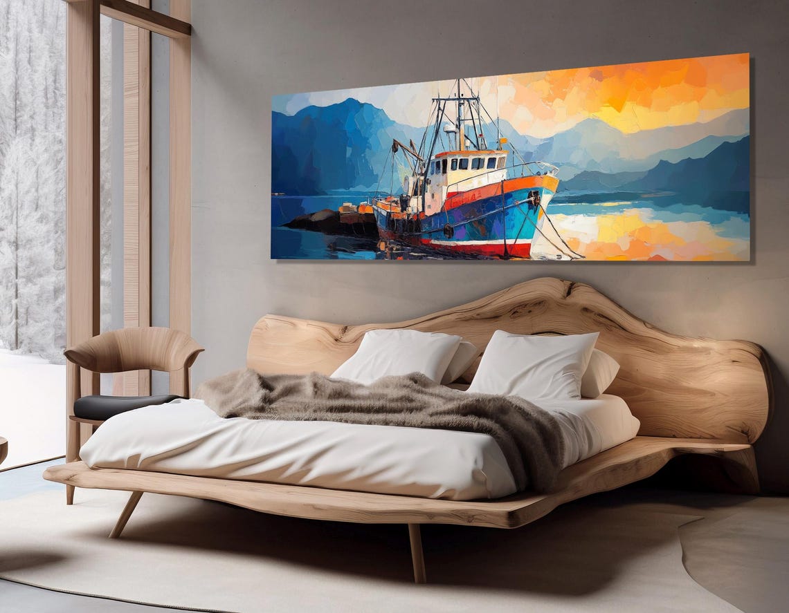 Colorful Old Fishing Trawler Harbor Sunset Mountain Seascape Poster - Image 3