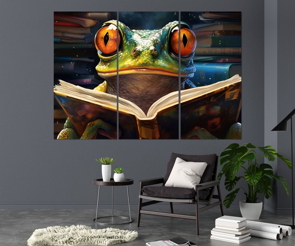 Frog Reading An Open Book With Big Orange Eyes Nursery Poster - Image 2