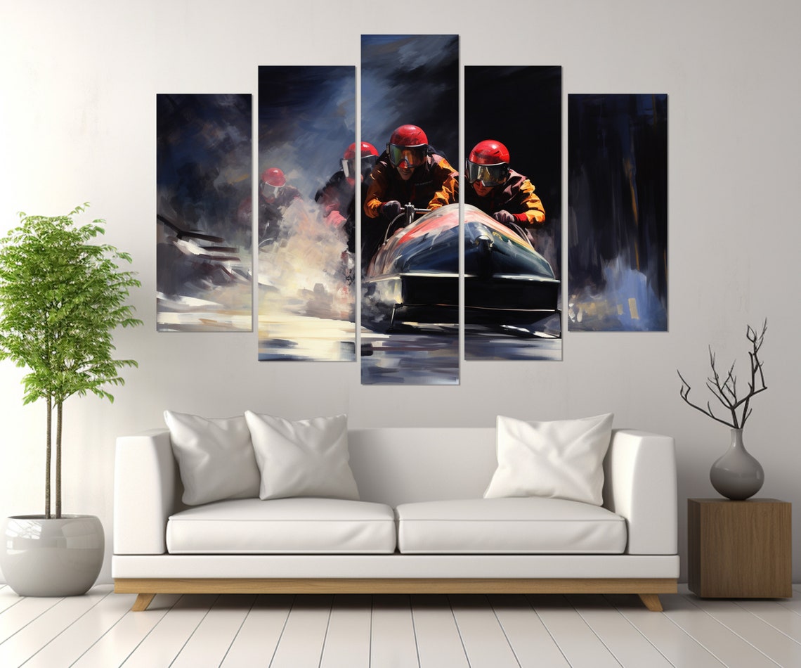 Four Man Bobsled Team Speeding Down Icy Track In Abstract Night Poster - Image 2