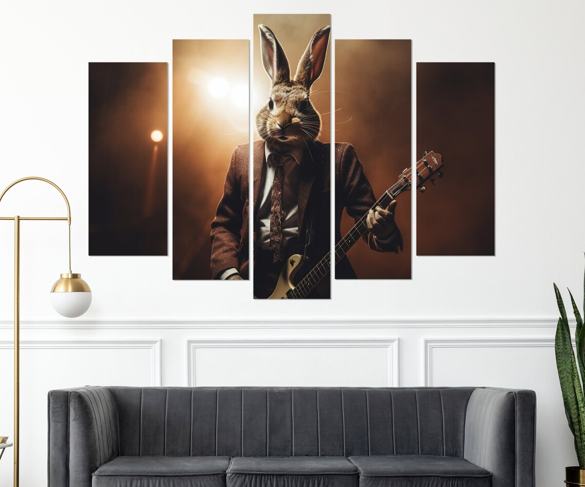Rabbit Playing Guitar Stage Spotlight Suit Whimsical Musician Art Poster - Image 3