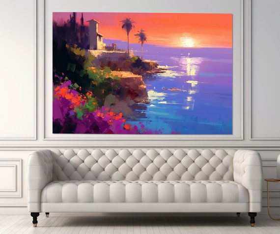 Colorful Coast Painting Print Beach Wall Art Large Tropical Coast Painting Framed And Ready To Hang