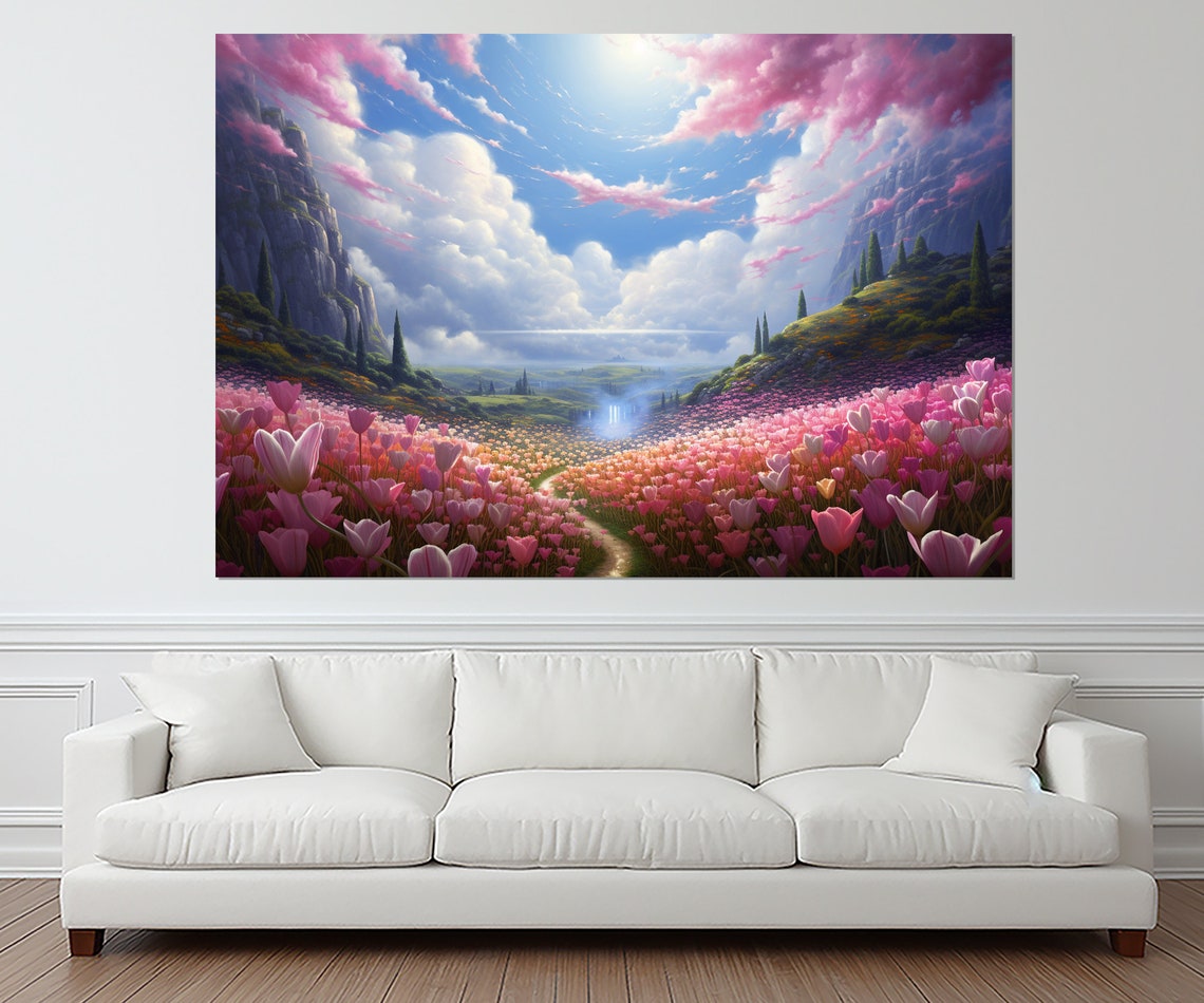 Dreamy Pink Tulip Valley Fantasy Landscape With Winding Path Poster