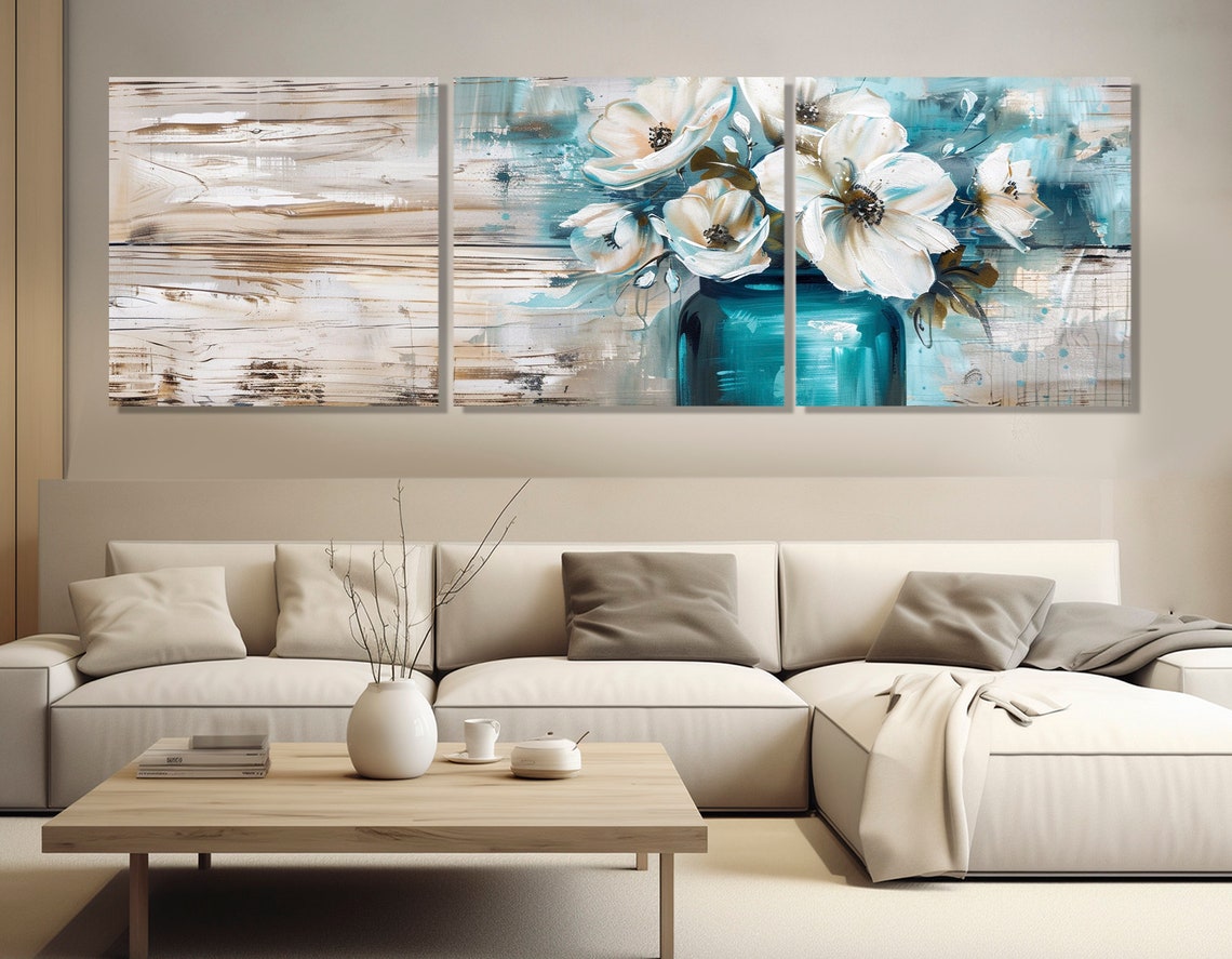 White Abstract Flowers In Blue Glass Jar On Wooden Background Poster - Image 4