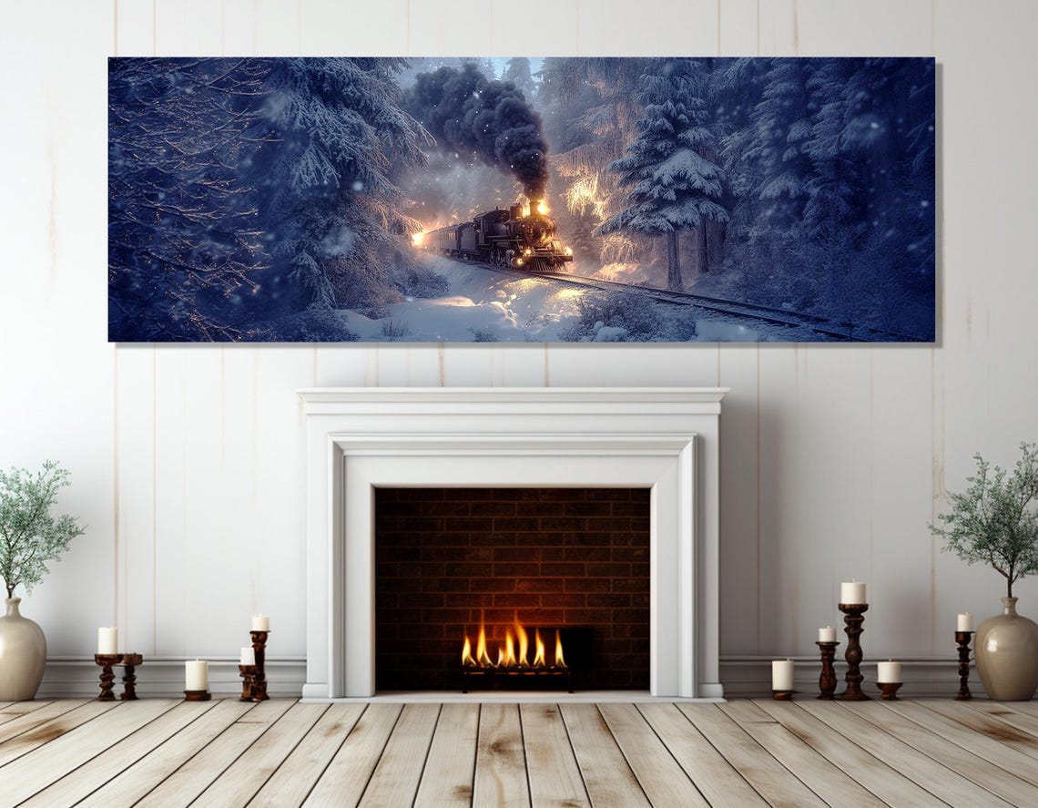 Steam Train Snowy Forest Winter Night Snowfall Panoramic Travel Poster