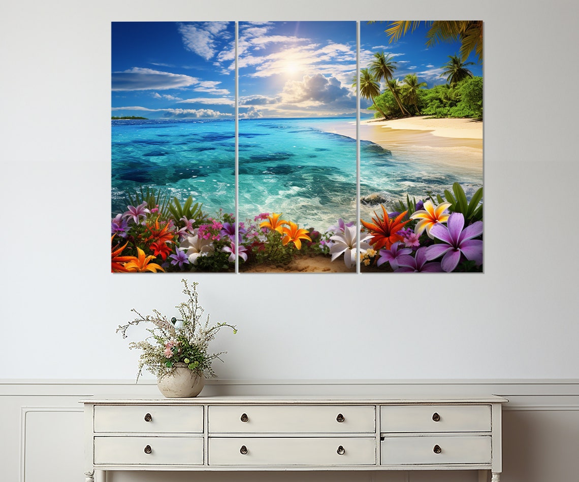 Tropical Beach Turquoise Water Colorful Flowers Paradise Poster - Image 4