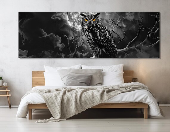 Great Horned Owl Amber Eyes Full Moon Black And White Night Poster