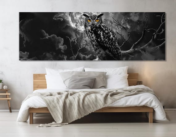 Large Owl At Night Print Abstract Owl Wall Art Owl Painting Gothic Wall Art Gothic Owl Poster Framed And Ready To Hang