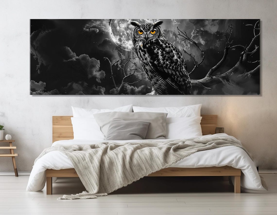 Great Horned Owl Amber Eyes Full Moon Black And White Night Poster