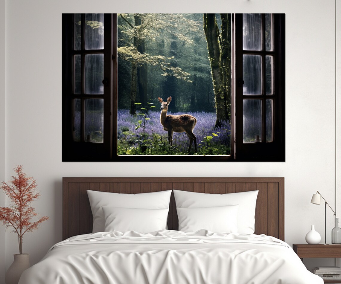 Deer In Wildflower Forest Faux Window View Nature Wildlife Scene Poster