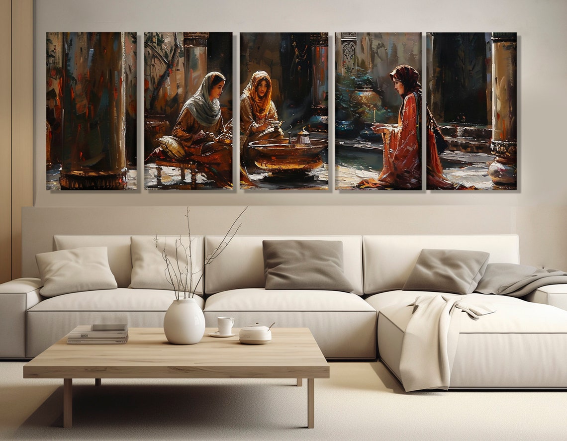 Arab Women Traditional Dress Courtyard Gathering Warm Impasto Wall Art - Image 3