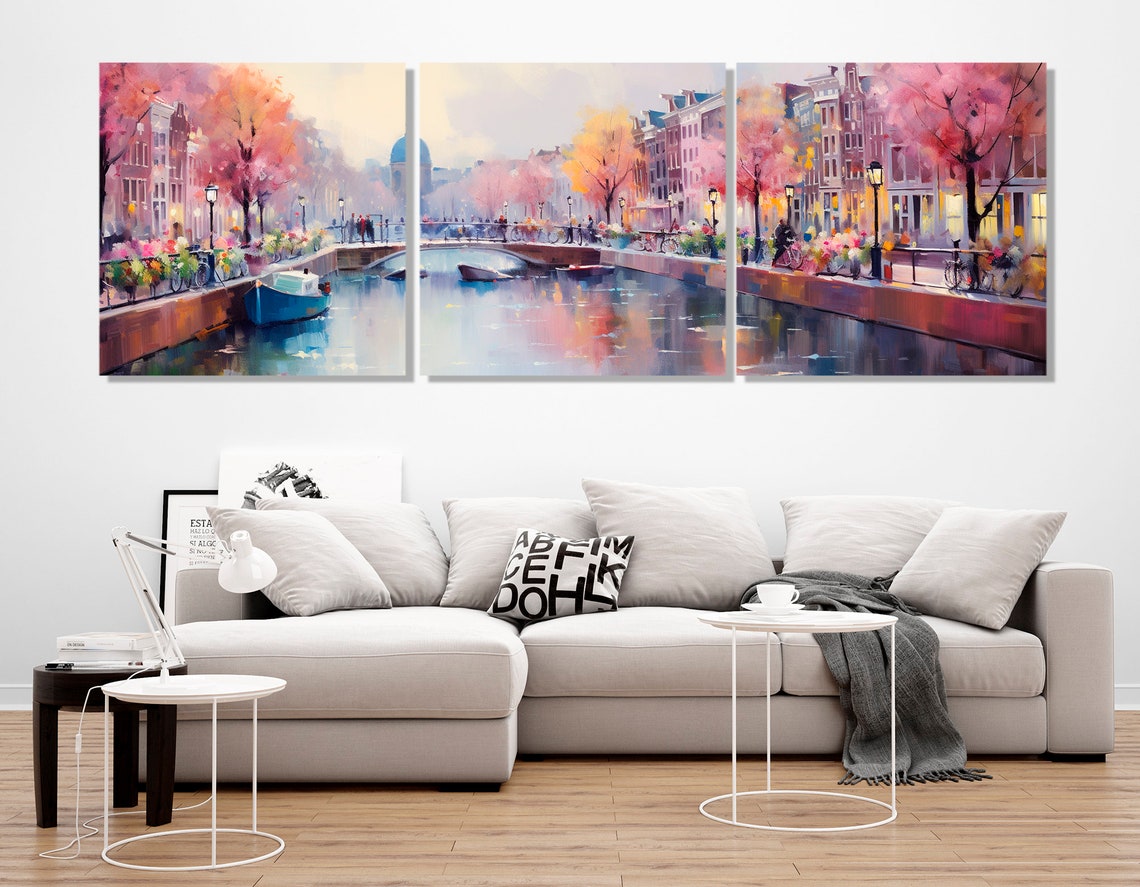 Amsterdam Canal Spring Blossom Pink Trees Bridge Boats Painting Poster - Image 2