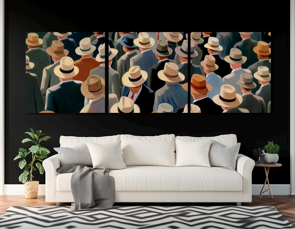 Men In Fedora Hats Retro Crowd Street Scene Vintage Art Poster - Image 4