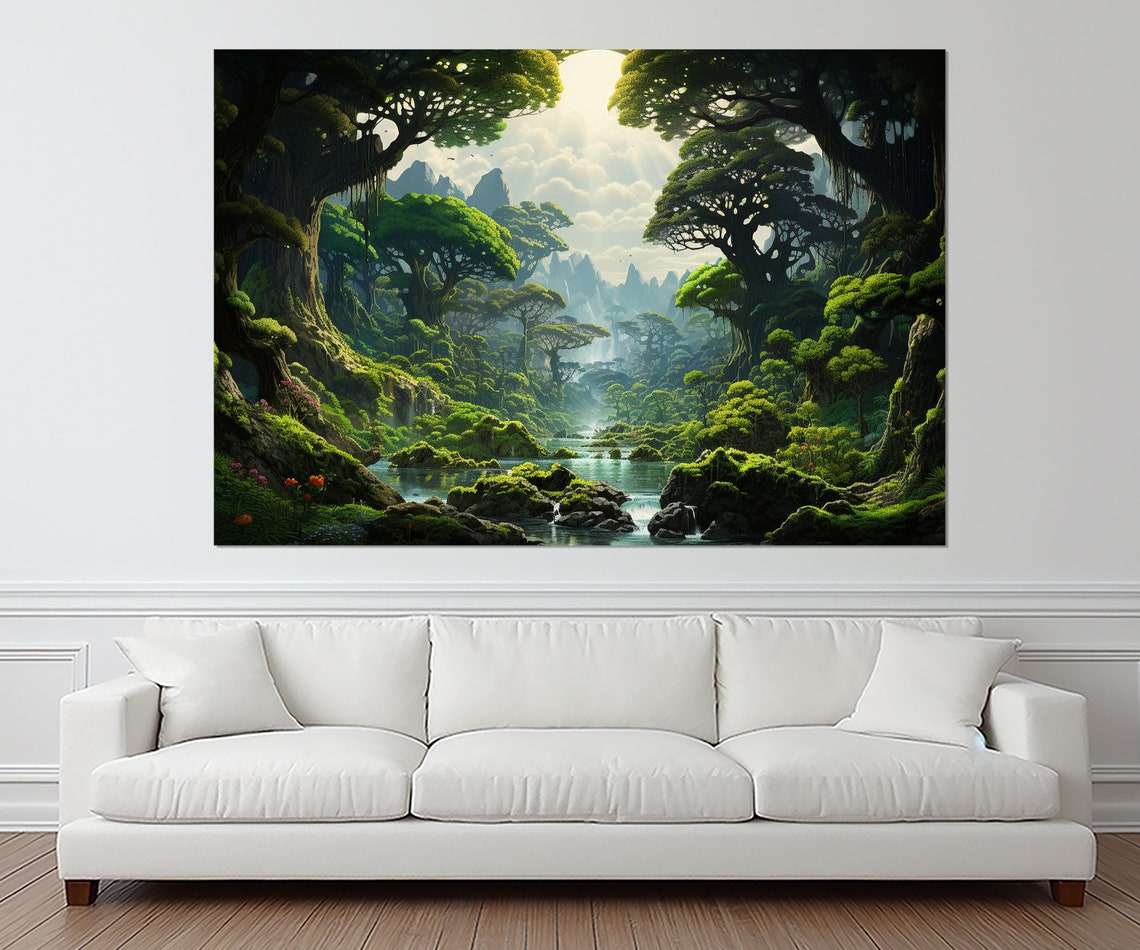 Enchanted Fantasy Forest River Mossy Trees Jungle Painting Wall Art - Image 4
