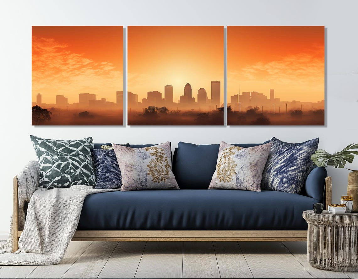 Misty Fort Worth Sunrise Skyline In Glowing Orange Haze Poster - Image 2