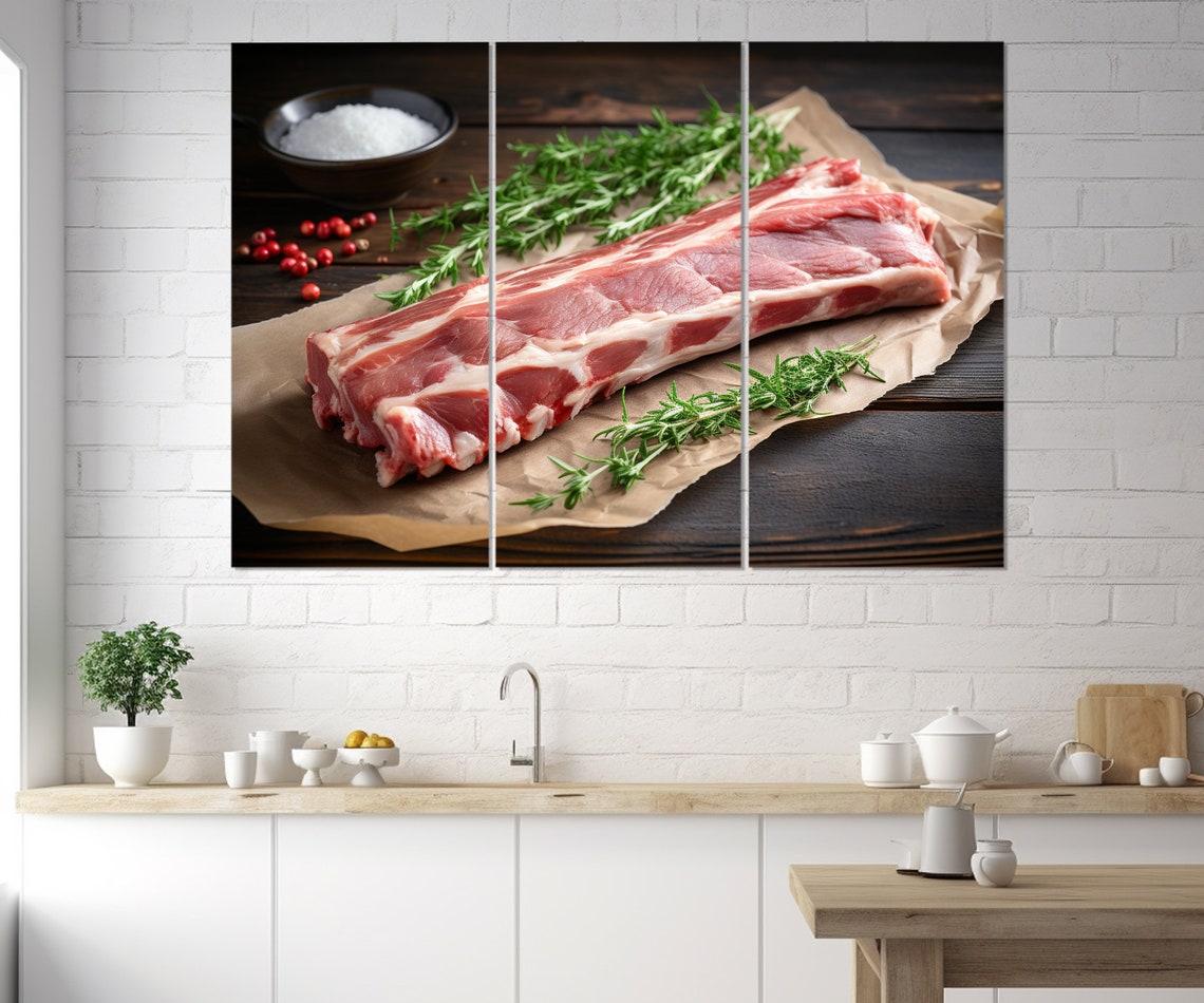 Raw Pork Ribs Rosemary Salt Rustic Butchery Kitchen Wall Art Print - Image 3