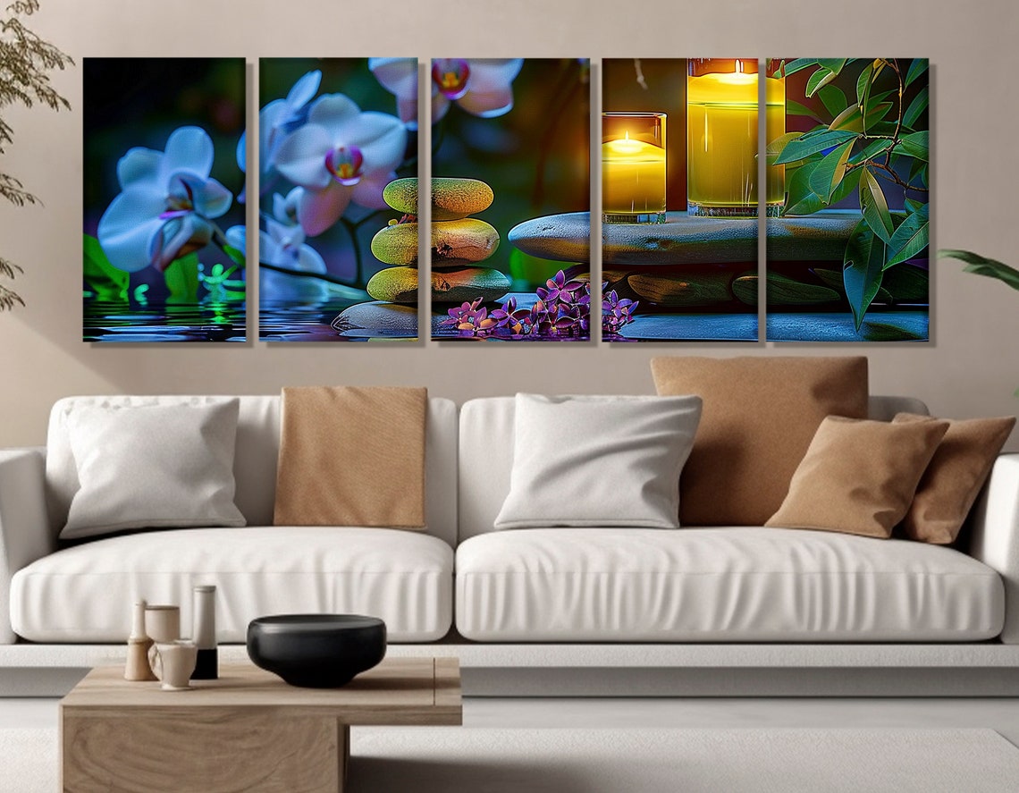 Spa Candles Zen Stones Orchids Still Water Tranquil Relaxing Wall Art - Image 3