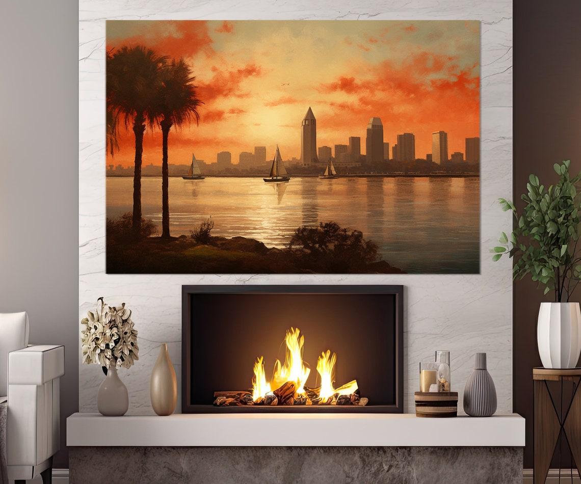 San Diego Skyline Sunset Palm Trees Sailboats Bay View Art Poster