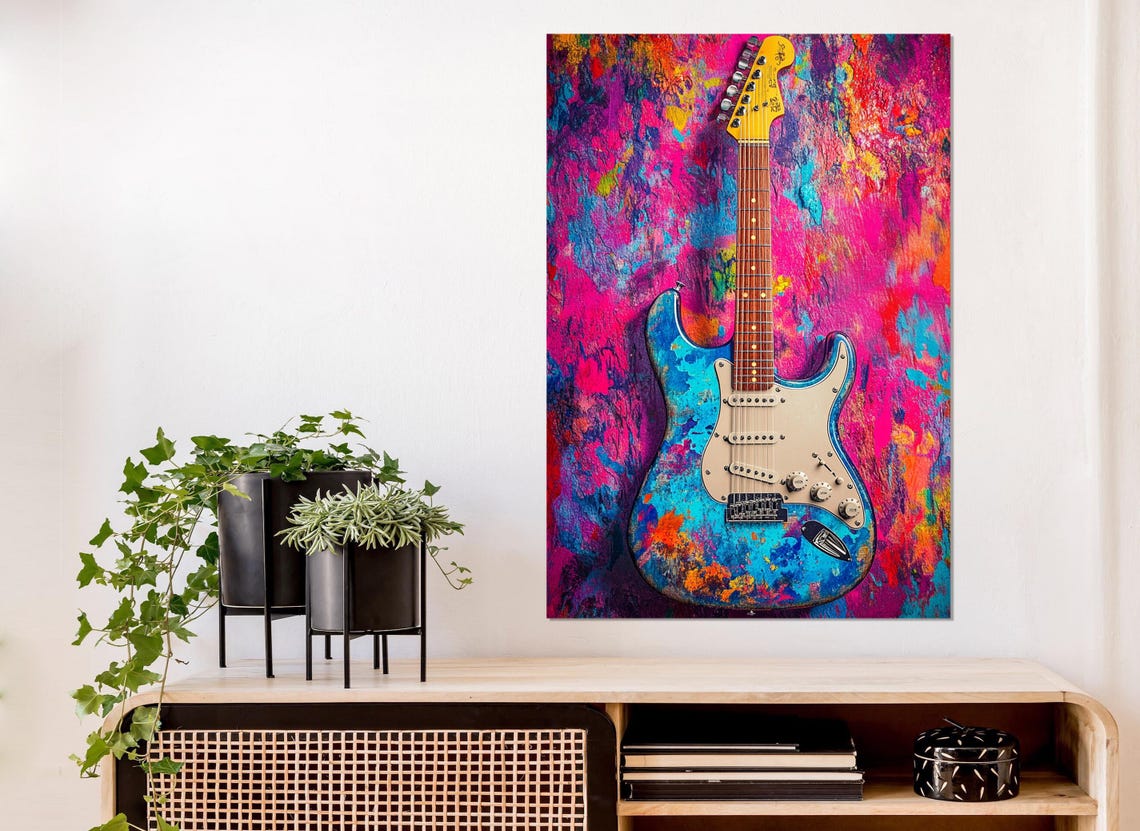 Electric Guitar Splash Paint Vibrant Magenta Pop Music Wall Poster - Image 3