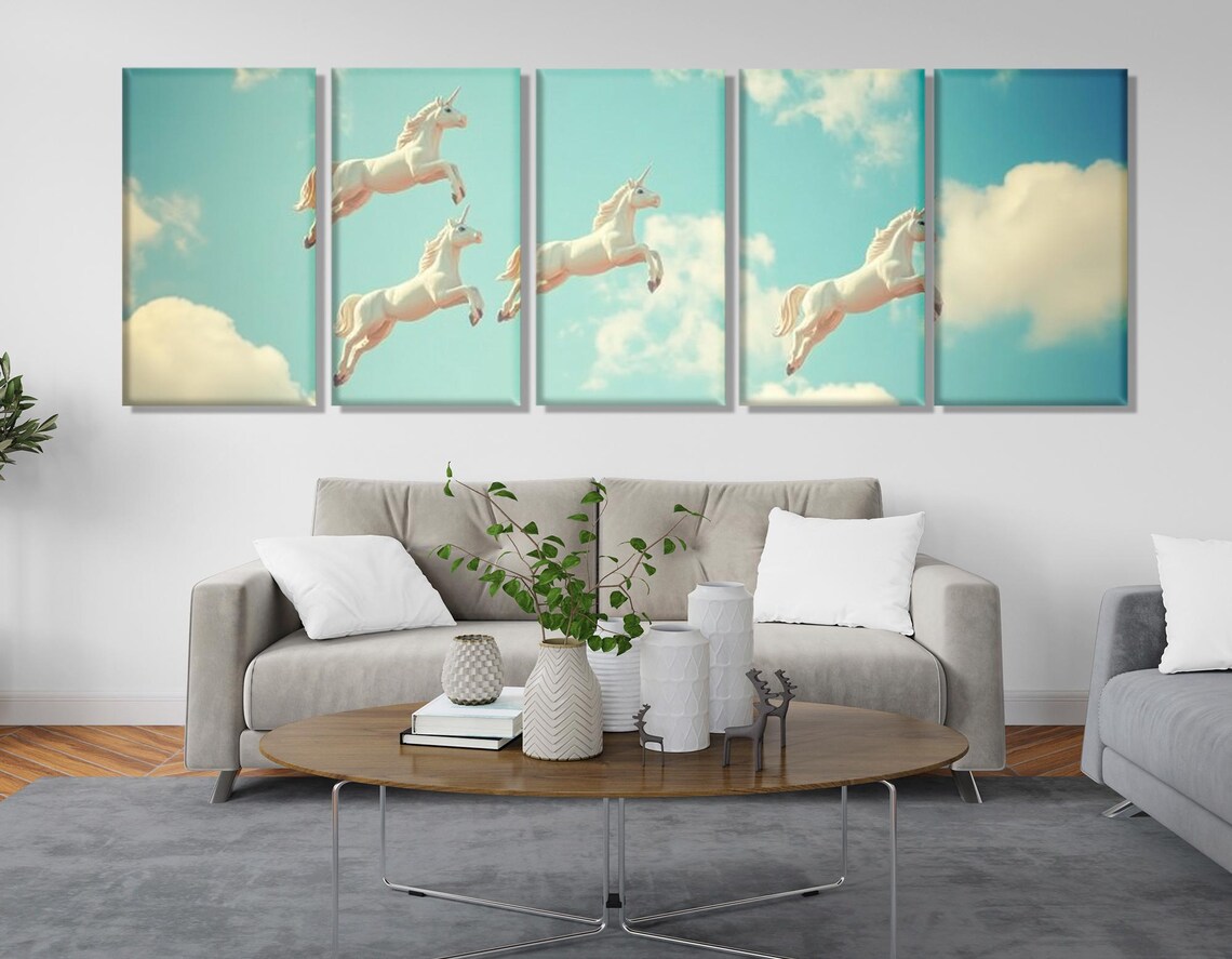 Unicorns Flying In Clouds Fantasy Painting Kids Room Magical Wall Poster - Image 2