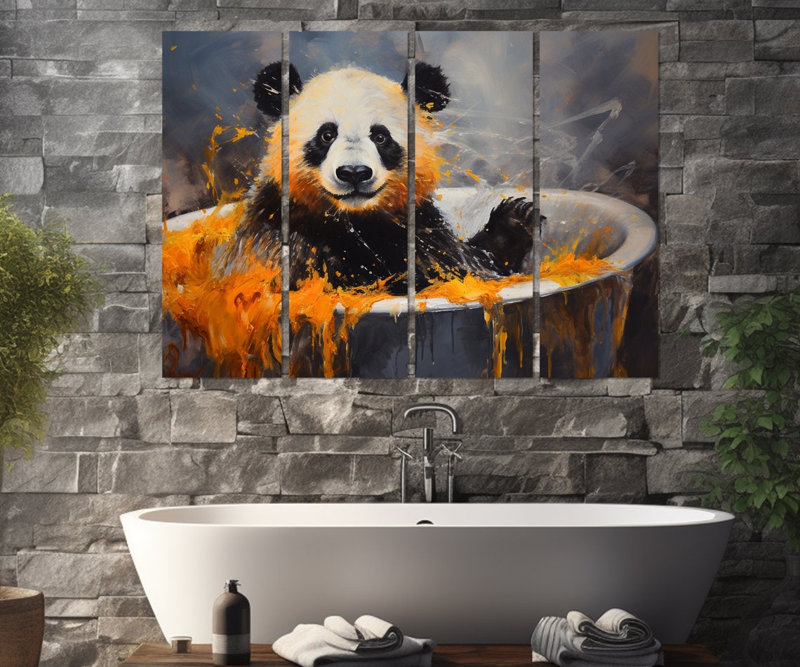 Cute Panda Bathtub Orange Paint Splashes Playful Nursery Wall Art - Image 2