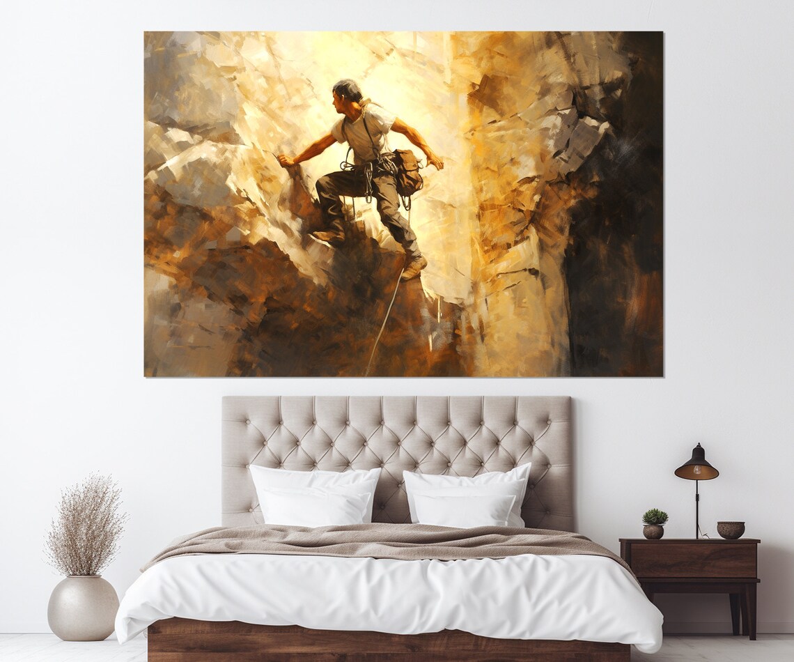 Rock Climber Ascending Sunlit Golden Cliff Oil Painting Sports Wall Poster