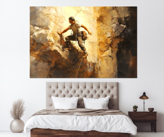 Rock Climber Ascending Sunlit Golden Cliff Oil Painting Sports Wall Poster