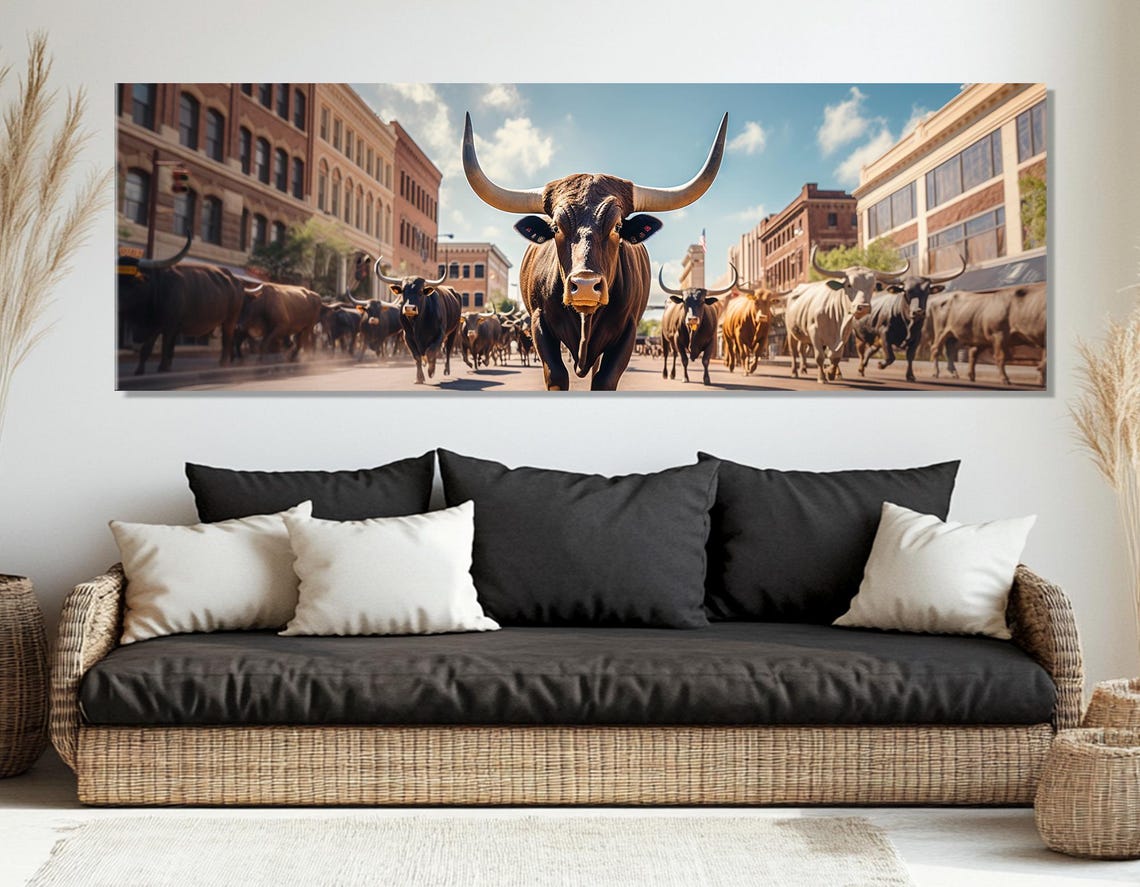 Texas Longhorn Cattle Drive Through Downtown Fort Worth Street Poster