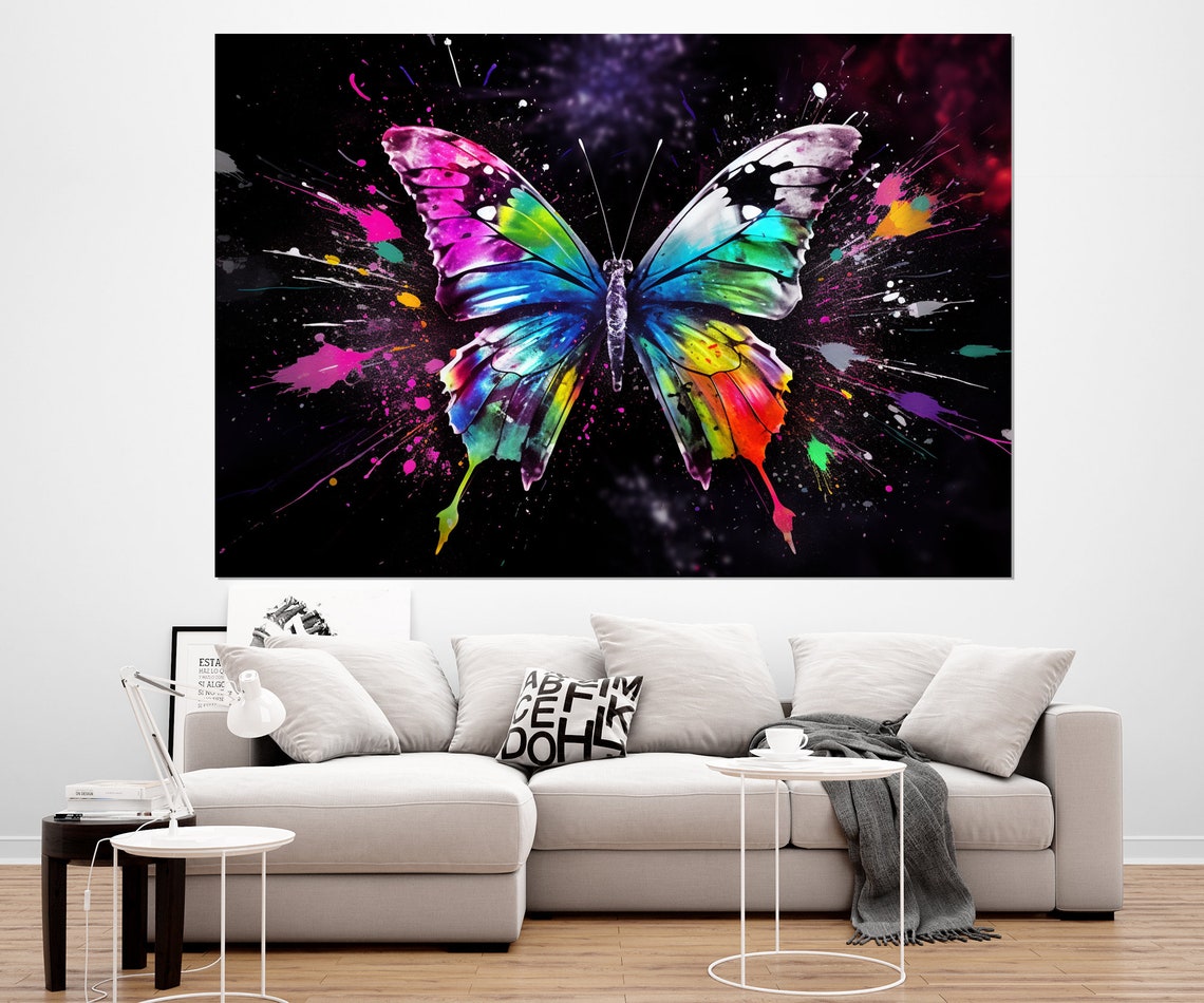 Rainbow Butterfly With Neon Paint Splashes On Black Background Poster
