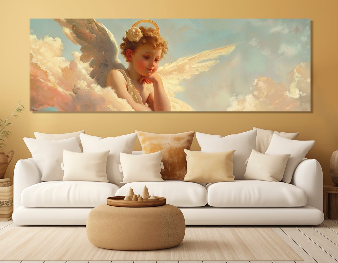 Young Angel With Halo White Rose Classical Heavenly Cherub Poster