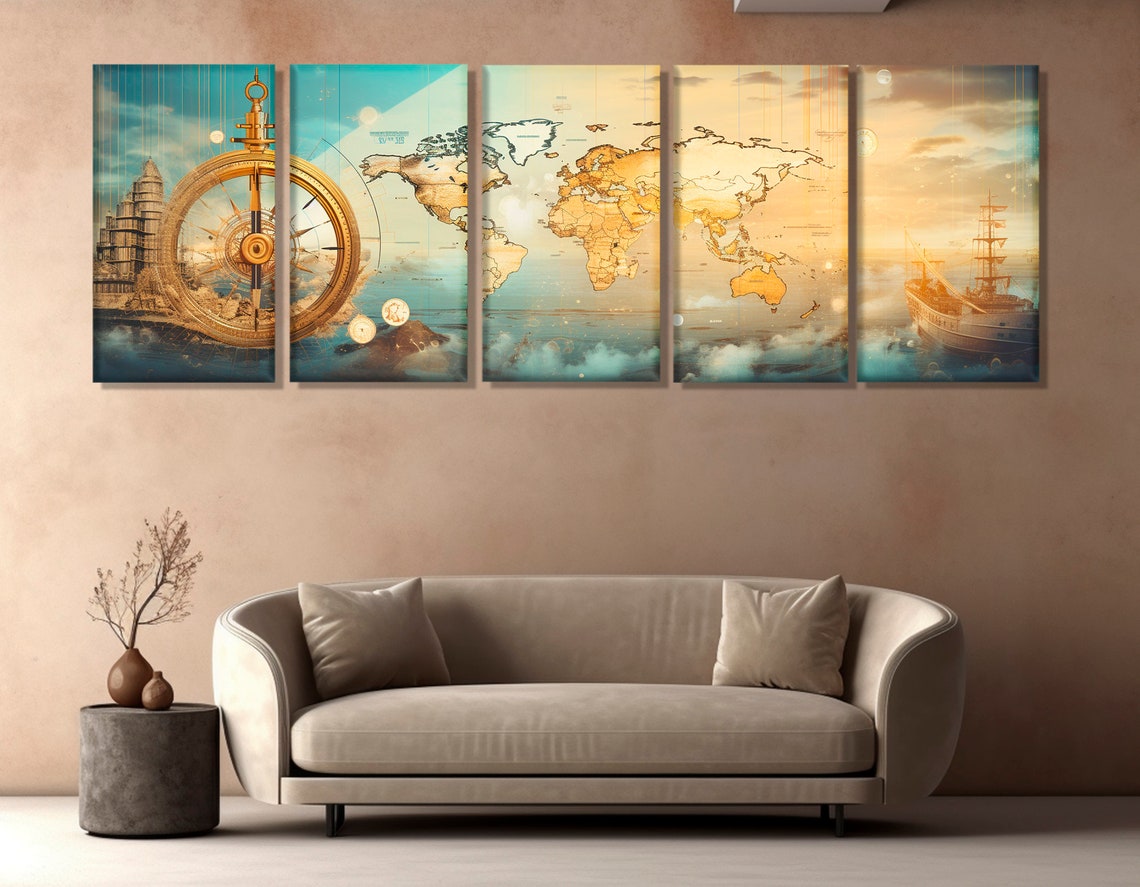 Vintage World Map Golden Compass Sailing Ship Travel Wall Poster - Image 2