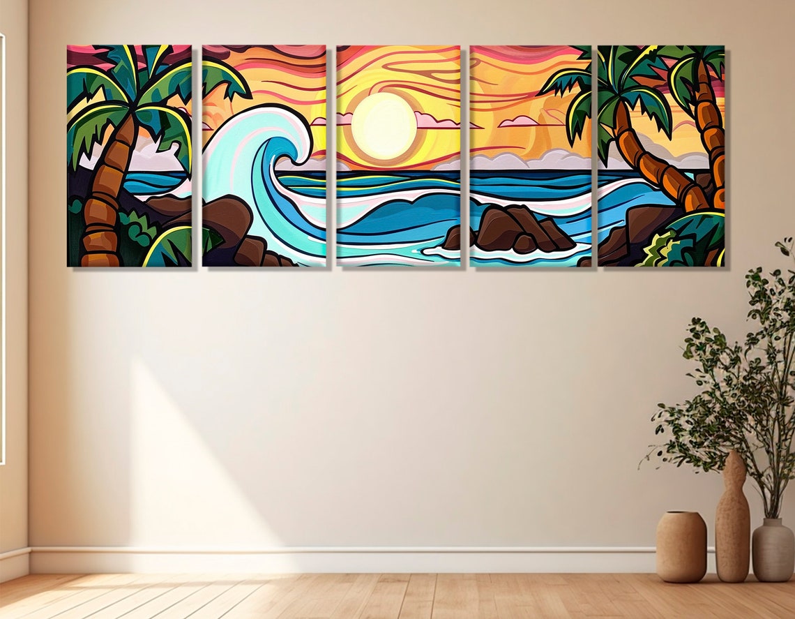 Tropical Beach Sunset Palm Trees Big Wave Colorful Pop Poster - Image 3