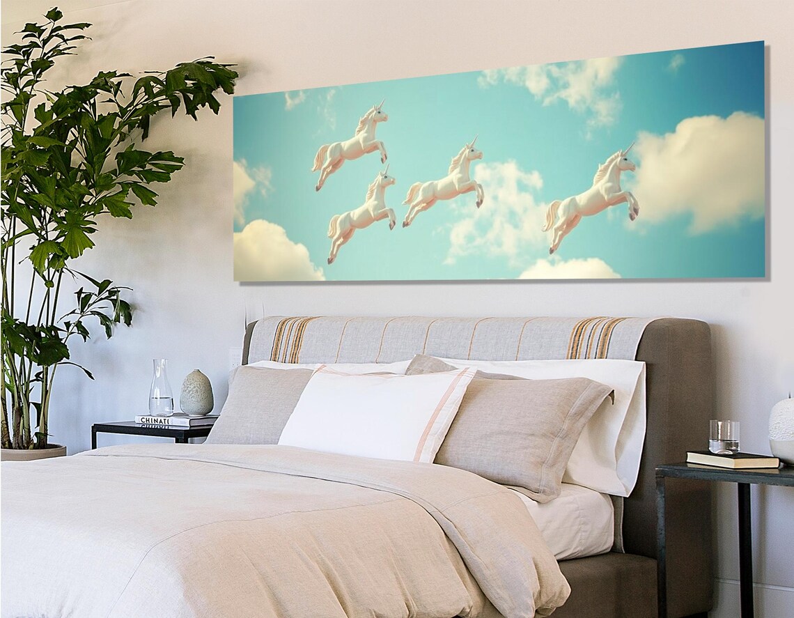 Unicorns Flying In Clouds Fantasy Painting Kids Room Magical Wall Poster