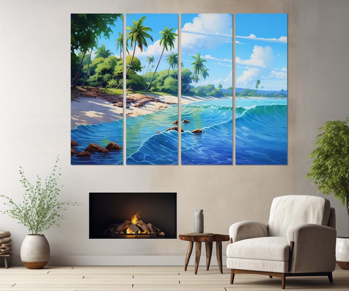 Tropical Palm Beach Blue Waves Sandy Shore Triptych Wall Poster - Image 2