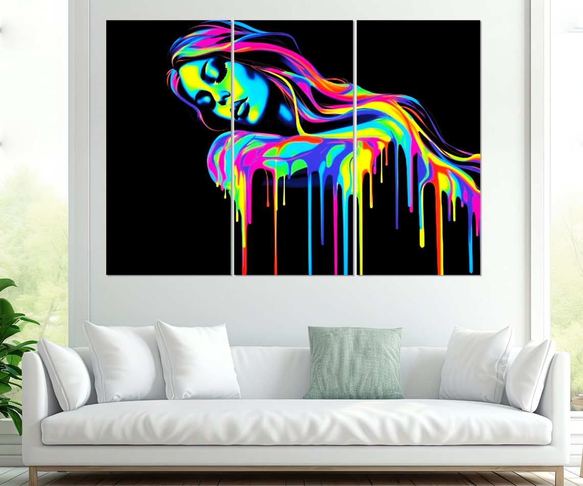 Neon Rainbow Woman Dripping Paint Colors Black Background Pop Art - Image 4